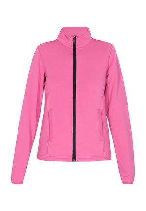 Giacca rosa con zip realizzata in tessuto liscio, caratterizzata da un colletto alto, maniche lunghe e due tasche laterali con zip nera.