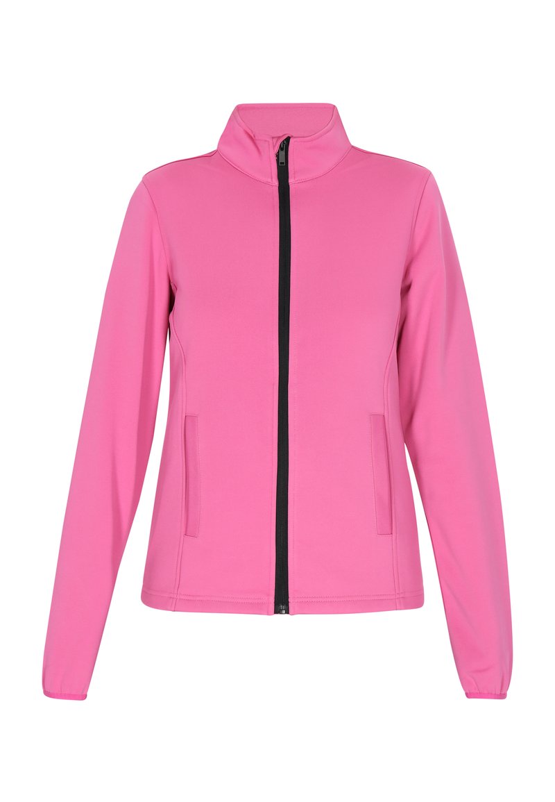 Giacca rosa con zip realizzata in tessuto liscio, caratterizzata da un colletto alto, maniche lunghe e due tasche laterali con zip nera.