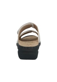 Light gray suede slide sandal with three wide straps, a cushioned insole, and a black rubber sole, featuring a slight heel.