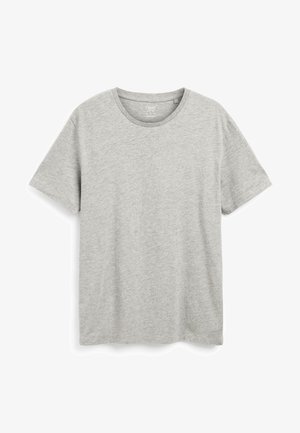 T-shirt en coton gris à manches courtes, col rond et texture lisse. Aucun motif ni accent visible. Coupe classique.