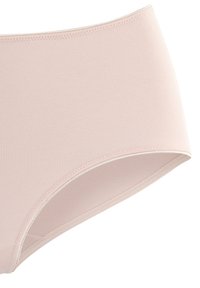 Light pink cotton blend high-waisted underwear with smooth texture, elastic waistband, and no visible seams. Simple design.