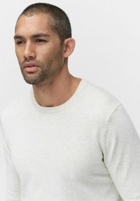 Ljusgrå tröja gjord av ett mjukt, texturerat stickat material med rund halsringning och åtsittande ärmar, bärs av en person med kort hår.