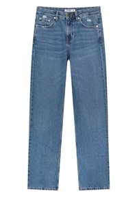 Jean bleu droit avec légère usure près des poches avant, design cinq poches, fermeture par bouton et passants de ceinture.