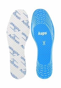 Plantillas azules y blancas con diseños perforados; lado blanco etiquetado como "Actifresh" con patrón, lado azul con indicadores de tamaño y logotipo "kaps".