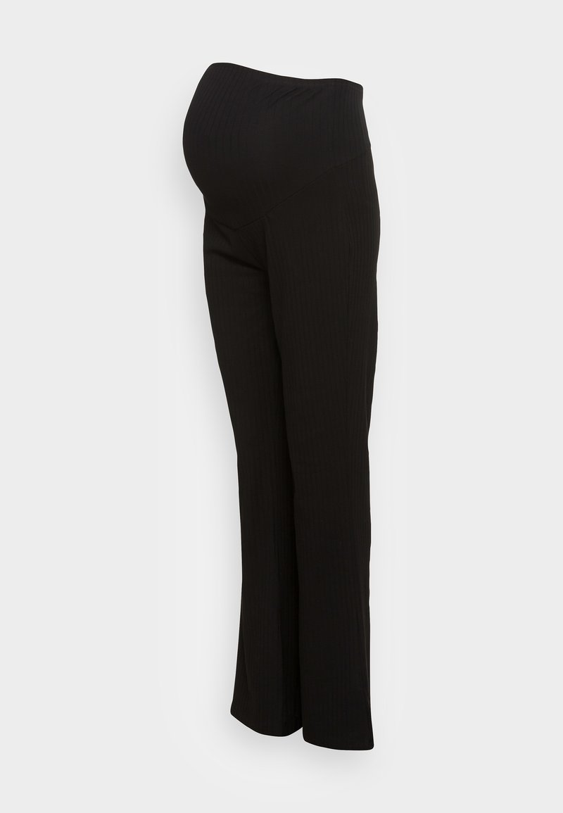 Pantalon de maternité noir avec une taille haute et extensible conçue pour accueillir un ventre de femme enceinte, présenté sur un fond blanc.