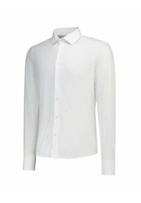 Camicia bianca a maniche lunghe con bottoni, realizzata in tessuto liscio, caratterizzata da un colletto classico, patta frontale completa e polsini con bottoni.
