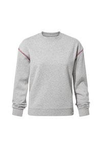 Grey crewneck sweatshirt made of cotton blend. Features ribbed cuffs and hems, with red stitching detail along the shoulder seam.