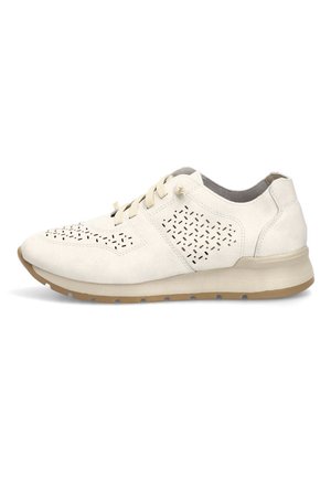 Zapatilla deportiva blanca casual con paneles laterales perforados, cierre de cordones, suela acolchada y suela exterior de goma marrón claro, mostrada en vista lateral sobre fondo blanco.