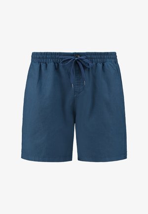 Jūras zila šorti, izgatavoti no viegla auduma, ar elastīgu jostu un auklu, kā arī priekšējo pogu detaļu.