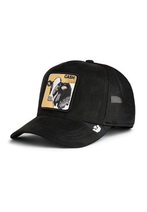 Black mesh-back baseball cap with suede front, featuring a patch of a cow head and the word "CASH" on a tan background.