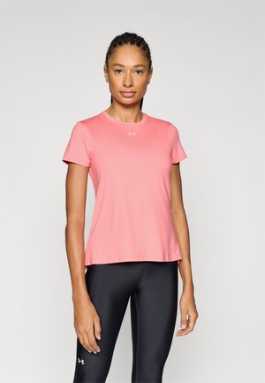 Short-sleeve athletic shirt in vibrant pink, made from lightweight, smooth fabric; features a round neckline and subtle logo on the chest.
