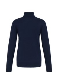 Pull à col roulé bleu marine à manches longues vu de dos, design simple avec col, poignets et ourlet côtelés.