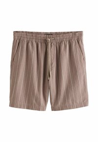 Bruine gestreepte shorts van lichtgewicht stof, met een elastische tailleband, trekkoordsluiting en zijzakken.
