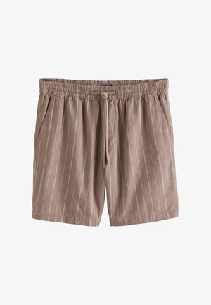 Shorts rayés marron en tissu léger, dotés d'une taille élastique, d'un cordon de serrage et de poches latérales.