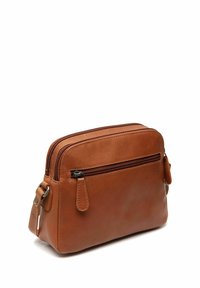 Borsa a tracolla in pelle marrone con due scomparti con zip, una tasca frontale piatta e una tracolla regolabile. Texture liscia e design minimalista.