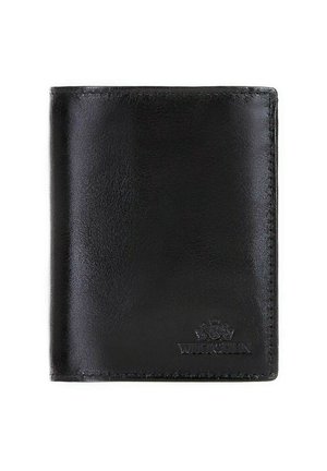 Black leather wallet with a smooth texture, bi-fold design, and embossed logo detail at the bottom corner. Minimalist style and compact shape.