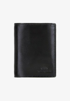 Černá kožená peněženka s hladkým povrchem, s bi-fold designem a vyraženým logem v dolním rohu. Minimalistický styl a kompaktní tvar.