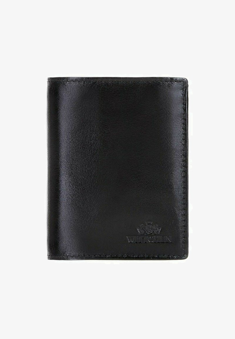 Portafoglio in pelle nera con texture liscia, design pieghevole a due scomparti e dettaglio logo impresso nell'angolo inferiore. Stile minimalista e forma compatta.
