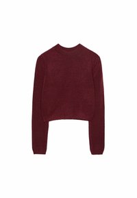 Burgundy cropped sweater with long sleeves, round neck, and ribbed cuffs. Soft texture, minimal design without additional patterns or accents.