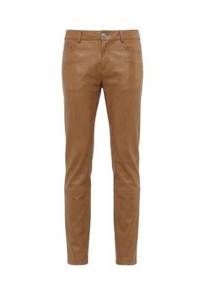 Slim-fit brown leather pants with front pockets, belt loops, button closure, and visible seam details on knees.