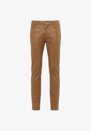 Slim-fit brown leather pants with front pockets, belt loops, button closure, and visible seam details on knees.