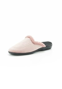 Pantofole in suede rosa con un bordo morbido e texturizzato, punta rotonda e suola in gomma nera. Presenta cuciture lungo la parte superiore per un tocco di dettaglio in più.
