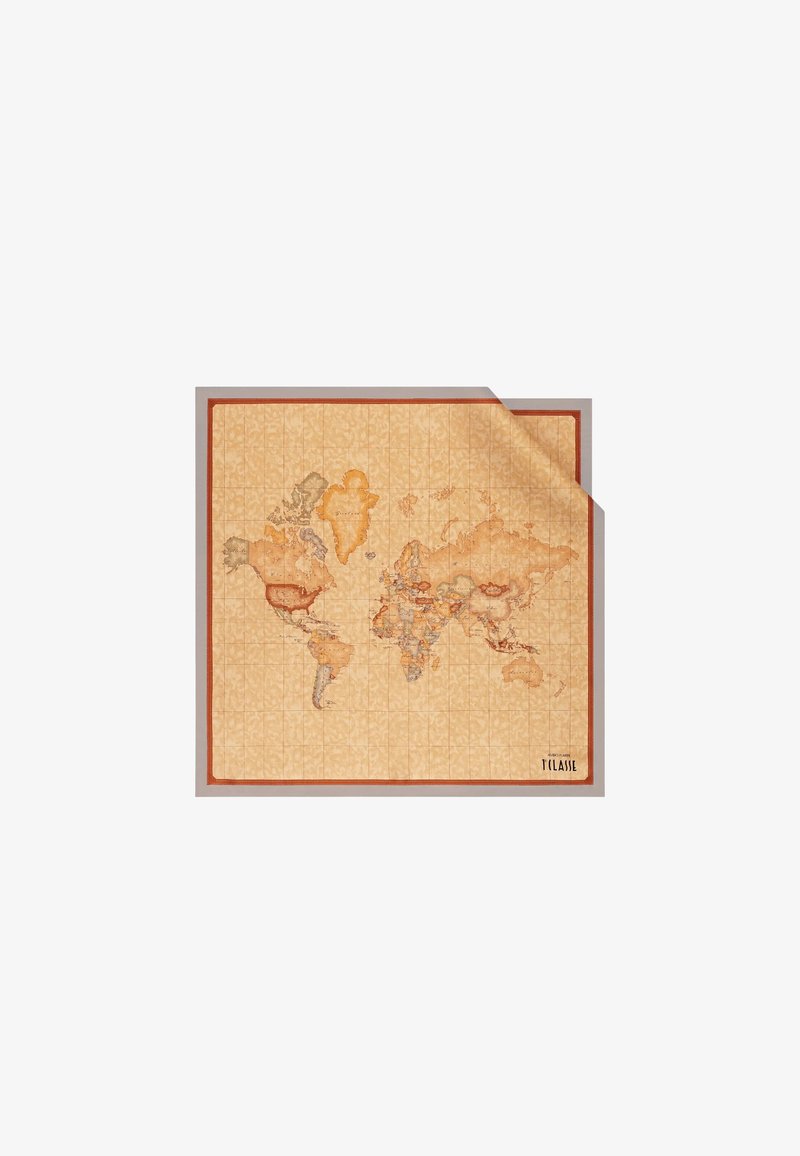 Mappa del mondo stampata su carta beige testurizzata, bordata con una cornice rossastra, con contorni geografici dettagliati e un motivo a griglia.