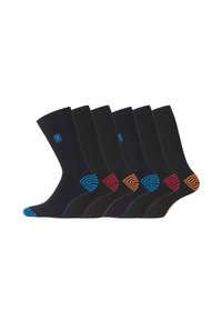 Ensemble de six chaussettes noires avec des motifs géométriques colorés sur les bords : bleu, rouge, orange et cyan. Texture lisse, longueur mi-mollet.