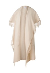 Béžový pončo s třásněmi z měkkého materiálu s otevřeným předním dílem. Má boční kapsy a bezešvé okraje pro hladký vzhled.
