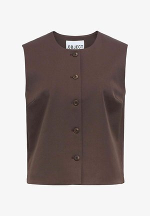 Top marrón sin mangas con escote redondeado, que cuenta con un cierre de botones en el frente y dos bolsillos laterales. Fabricado con una tela suave de acabado mate.