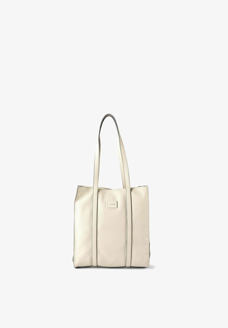Sac fourre-tout en cuir couleur crème avec deux longues poignées et une petite plaque rectangulaire avec logo centrée à l'avant.