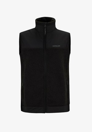 Zwarte vest met een fleece voorkant en een gladde achterkant. Hoge kraag en twee zijzakken met ritssluiting. Subtiele logo op de borst.
