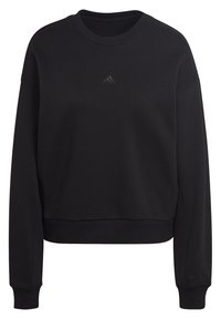Sweatshirt Adidas noir à manches longues avec col rond, poignets côtelés, petit logo sur la poitrine et texte "ALL SEN" sur le poignet de la manche gauche.