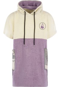 Bluza z kapturem w kolorach kremowym i lawendowym, wykonana z miękkiego, teksturowanego materiału. Posiada krótkie rękawy, logo oraz dwie wzorzyste kieszenie z przodu.