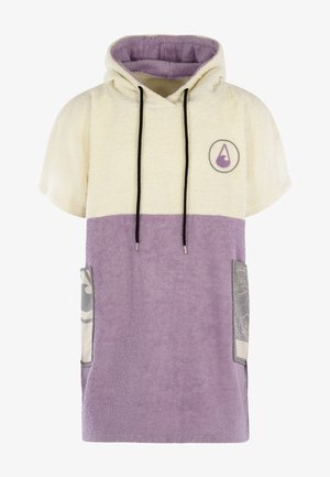 Felpa con cappuccio nei colori crema e lavanda, realizzata in tessuto morbido e testurizzato. Presenta maniche corte, un logo e due tasche frontali con motivo.