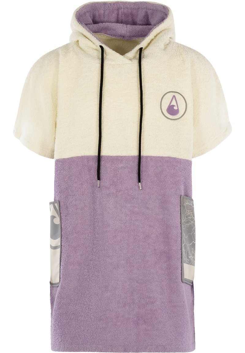 Bluza z kapturem w kolorach kremowym i lawendowym, wykonana z miękkiego, teksturowanego materiału. Posiada krótkie rękawy, logo oraz dwie wzorzyste kieszenie z przodu.