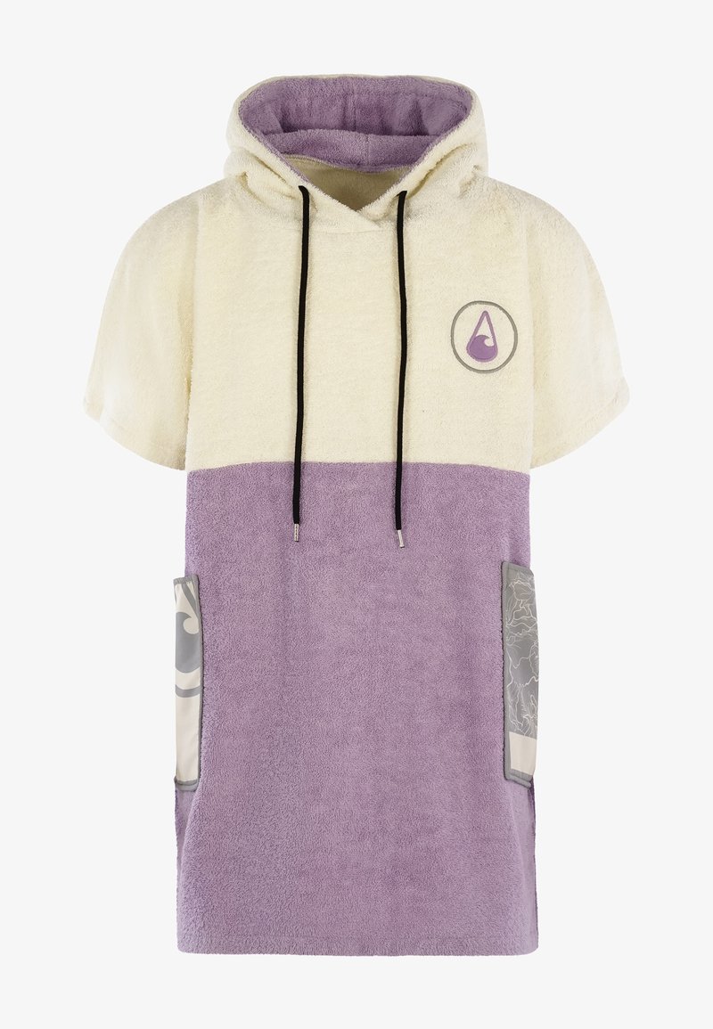 Sweat-shirt à capuche dans des couleurs crème et lavande, fabriqué en tissu doux et texturé. Il possède des manches courtes, un logo et deux poches avant à motifs.