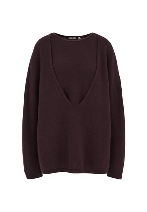 Pflaumenfarbener Pullover mit tiefem V-Ausschnitt, langen Ärmeln und lockerer Passform. Hergestellt aus weichem, strukturiertem Strickmaterial.