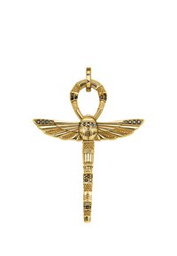 Goldanhänger in Form eines Ankh mit detaillierten Flügelakzenten, schwarzen Edelstein-Einlagen und kunstvollen Mustern entlang des Schafts.