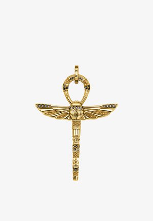 Ciondolo d'oro a forma di ankh, con dettagli di ali, incastonature di pietre preziose nere e motivi intricati lungo l'asta.