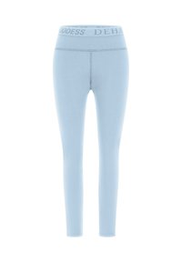 Legging blu chiaro con un design aderente, realizzate in materiale elasticizzato. Presentano una cintura ampia con il testo: "GODDESS DEHA."