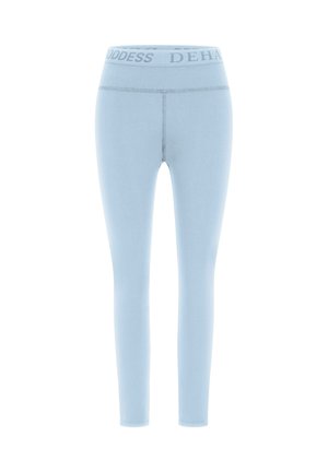 Helle blaue Leggings mit passgenauem Design, hergestellt aus elastischem Material. Besonders hervorzuheben ist der breite Bund mit dem Aufdruck: "GODDESS DEHA."