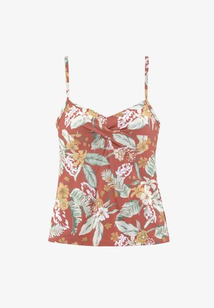Floral tank top in rust with thin straps. Features green leaves and yellow flowers. Soft, lightweight fabric with a draped design.