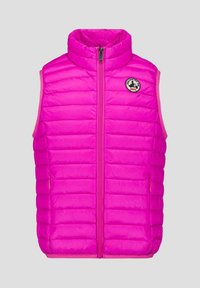 Gewatteerde mouwloze bodywarmer in felroze, met een hoge kraag, ritssluiting aan de voorkant en een logopatch met een contrasterende rand.