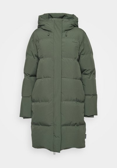 Padded parka jacket in dark green with a hood, featuring a zip closure, wide sleeves, and a smooth, matte texture.