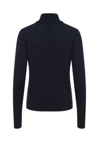 Marineblauer Pullover, lange Ärmel, hoher Kragen, glatte Textur, taillierte Passform, keine sichtbaren Muster oder Logos, nahtlose Rückenbauweise.