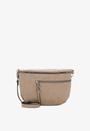 Beżowa syntetyczna torebka crossbody z srebrnymi akcentami, jedna kieszeń z zamkiem błyskawicznym z przodu i regulowanym paskiem. Gładka faktura z zaokrąglonym kształtem.