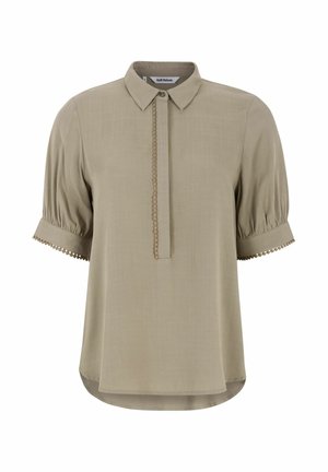 Khaki blouse with a collared neck, short puff sleeves, and a central placket featuring decorative stitching. Smooth fabric with subtle sheen.