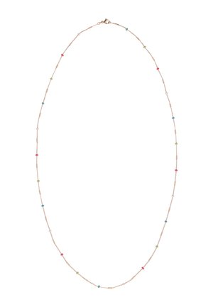 Finom aranylánc nyaklánc kis, egyenletesen elosztott gyöngyökkel piros, zöld, kék és fehér színekben, rákkapcsos zárral rögzítve.
