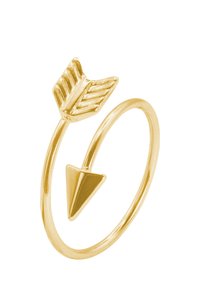 Anello in tonalità oro con una punta di freccia testurizzata e un punto triangolare, realizzato in metallo con una finitura lucida. Design elegante e minimalista.
